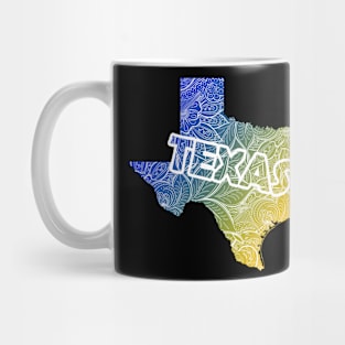 Colorful mandala art map of Texas with text in blue and yellow Mug